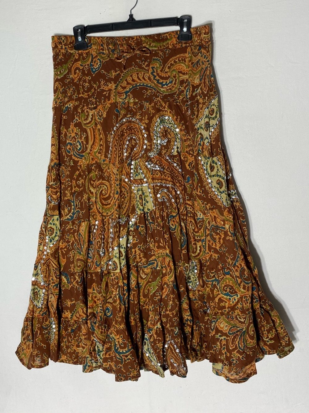 Vintage 90s Silverstream Brown Boho Paisley Tiered Skirt W Sequins Festival OS